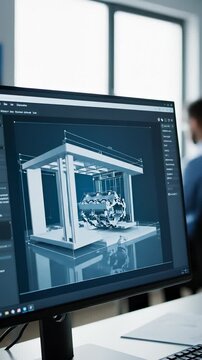 Innovative design visualization on computer screen. Engineer works on 3D models in modern office. Vertical studio atmosphere promotes creativity and collaboration.