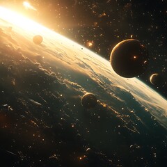 Surreal galaxy with celestial bodies energy particles glowing planets and star clusters digital space image