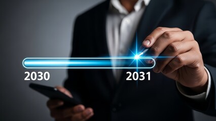 Businessman interacting with a futuristic timeline transitioning from 2030 to 2031 on a digital interface