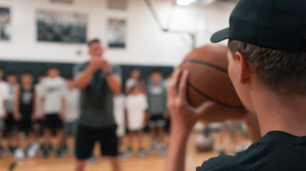 Engaged medium shot of young athletes practicing basketball shooting skills the coach in sharp focus while teammates blur in the background.