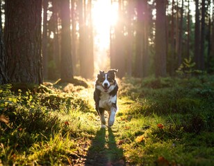 Dog running towards the viewer in a sunlit forest