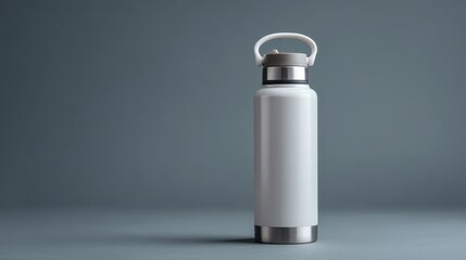 Modern reusable white water bottle with silver accents on matte gray background showcasing ecofriendly lifestyle
