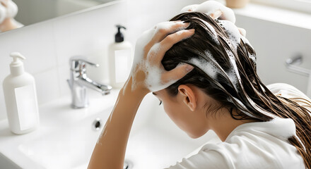 Naklejka premium Woman washing her long brown hair with shampoo lather over a whi
