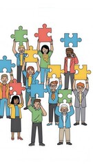 Diverse Team Assembling Puzzle Pieces Together.