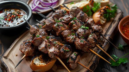 A close up of grilled meat skewers with garnish and sauces on a wooden board for a delicious meal
