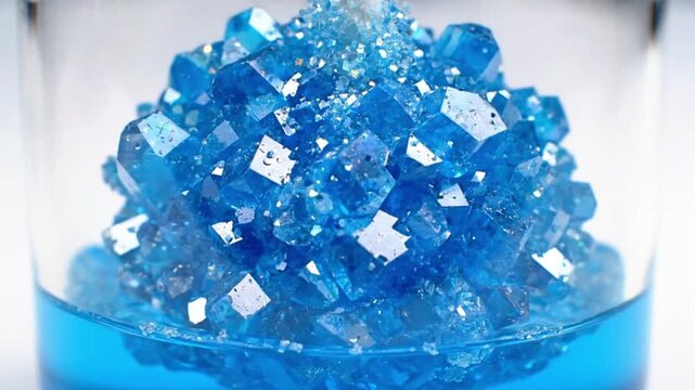 Rock candy growing on a string in a supersaturated solution, sparkling time-lapse.