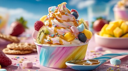 A vibrant swirl of frozen yogurt boasts a medley of colorful toppings like fruits, candies, and sprinkles, set against a cheerful outdoor backdrop on a sunny day