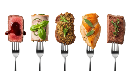 Five distinct, perfectly cooked meat cuts (beef, lamb, chicken) garnished with herbs, each pierced by a polished silver fork, arranged on a white background with copy space. High-end gourmet culinary