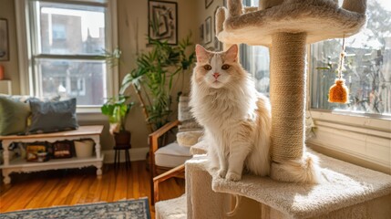 Adorable house cat surveying its cozy sanctuary on a wooden cat tree