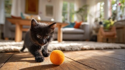 Adorable kitten at play with a bright orange ball on a soft rug in a warm living room