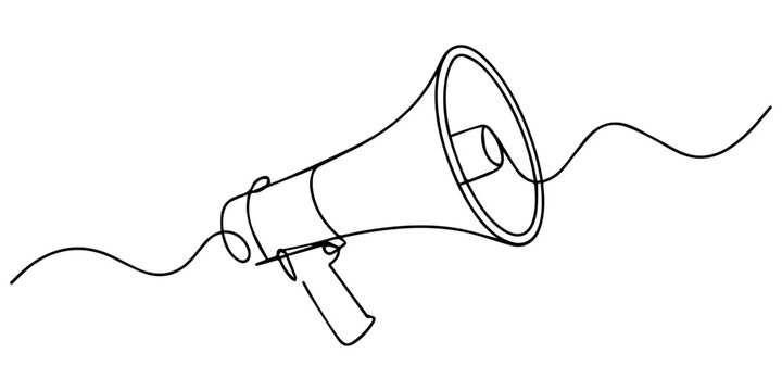 Megaphone icon continuous one line drawing minimalist outline illustration, Megaphone in one line art style. Drawing of a bullhorn with an editable black stroke on a white background. Vector illustrat