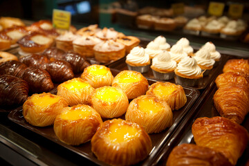 Freshly baked pastries in a bakery display case during morning hours Generative AI