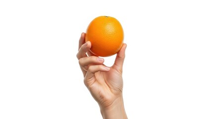 A hand holding a vibrant orange fruit against a clean white background, emphasizing freshness and health.