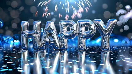 Happy silver balloon letters on a reflective surface with fireworks in the background at night