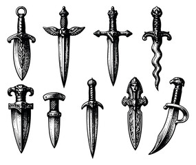 Hand drawn vintage dagger and knife set featuring various ornate designs for historical and fantasy themes