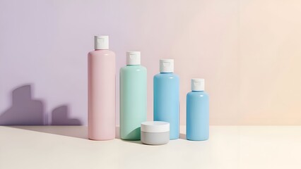 Pastel colored bottles and jar on white surface.