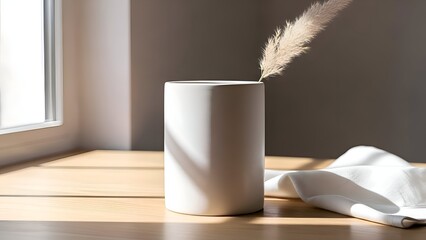 Minimalist White Vase with Dried Flower on Wooden Table.