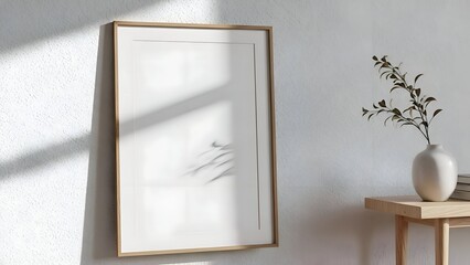 Minimalist Interior with Blank Picture Frame and Plant.