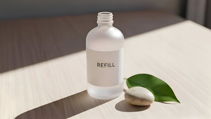 Refillable Bottle with Cap and Green Leaf.