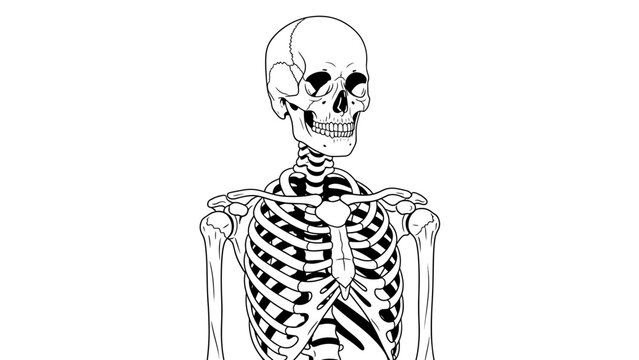 A stark, minimalist illustration of a human skeleton, rendered in black and white, presenting the skull, ribcage, and upper limbs