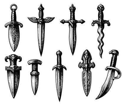 Hand drawn vintage dagger and knife set featuring various ornate designs for historical and fantasy themes