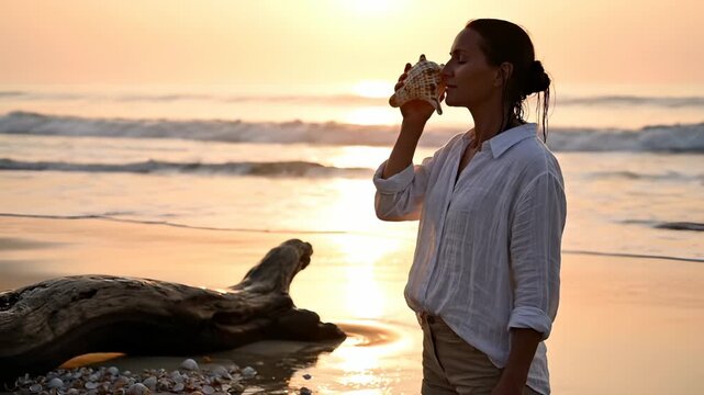 Woman holds seashell on beach during sunset with ocean waves. Beach sunset shows woman with seashell near driftwood. Woman listens to shell at sunset beach. Ocean waves and shells create peaceful view