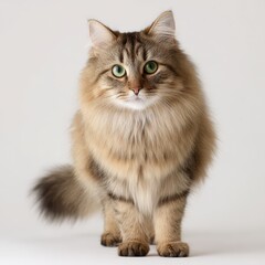 Obraz premium Studio portrait of a fluffy crossbreed Siberian cat against a pure white background