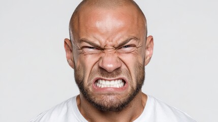 Studio portrait of a man with clenched teeth and toothache expression against a white backdrop