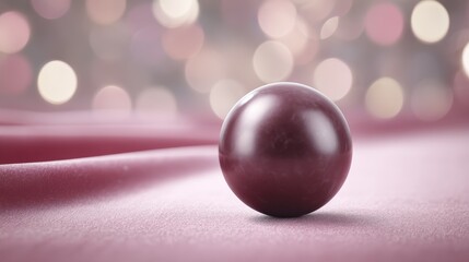 Closeup of a dark pearl on velvet surface illuminated by pink and purple light reflections with negative space in a soft, dreamy setting
