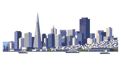 Fototapeta premium A stylized cityscape illustration with a prominent pointed tower, buildings in cool hues, trees, and boats. The overall design is minimalist with a textured effect