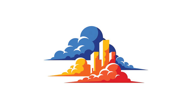 A stylized cityscape illustration shows buildings rising between colorful cloud formations against a white background. The image has a textured, graphic style