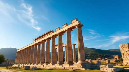Obraz premium olympia. Weathered stone columns of Olympia ruins under a blue sky at golden hour. travel magazines, destination branding, designed for travel destination branding, used by creative directors.