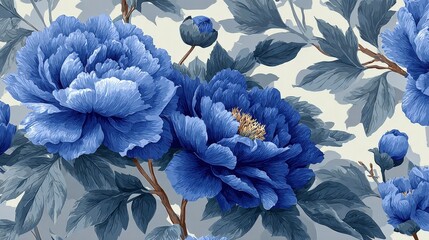 Floral blue chinoiseries peonies pattern with birds in classic Victorian damask style for cottagecore design and sophisticated decor themes