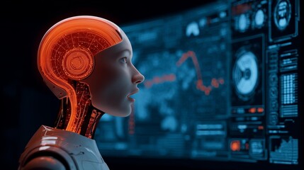 Futuristic humanoid robot interacting with high-tech interface and illuminated circuits in a dramatic setting