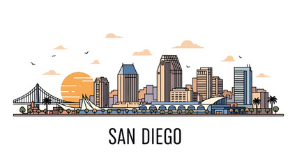 A stylized illustration depicting a city skyline with colorful buildings, a bridge, sunset, and text at the bottom. The details are outlined