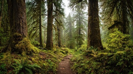 Fototapeta premium Sunbeams through Massive Trees on a Lush Fern-Lined Woodland Trail