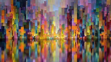 Abstract colorful city skyline with water reflection