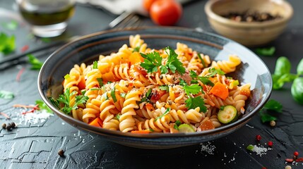 Close up of a bowl of fusilli pasta with vegetables and herbs on a dark textured surface