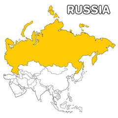 Obraz premium Russia country highlighted in yellow on Asia continent map detailed vector illustration, for projects and presentation 