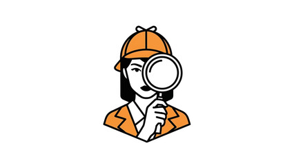 Fototapeta premium A stylized illustration depicting a woman detective wearing a hat and holding a magnifying glass in front of her eye, white background