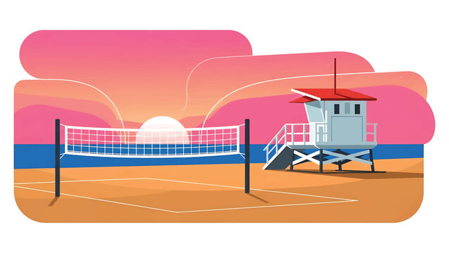 A stylized illustration depicting a sunset over a beach, featuring a volleyball net, a lifeguard station, and a playing court
