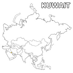 Kuwait country highlighted in yellow on Asia continent map detailed vector illustration, for projects and presentation	