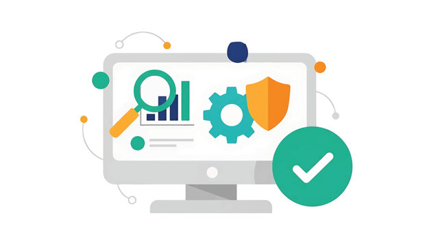 A stylized illustration depicting data analysis, security, and verification. It features a computer screen with charts, gears, a shield, and a check mark