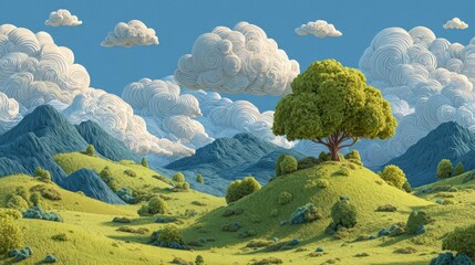 Kid podium set in green hills with cartoon trees and clouds in a colorful park scene, showcasing a playful 3d spring landscape enjoying nature