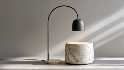 Modern minimalist lamp with marble base and soft shadows.