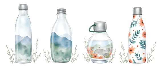 Assorted water bottles decorated with landscape watercolor and floral patterns for sustainable lifestyle product display