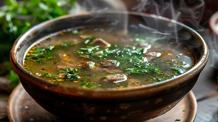 A rustic bowl of steaming soup with meat and herbs on a wooden surface close up view delicious meal