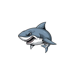 A cartoon shark is swimming in the ocean with its mouth open, showcasing sharp teeth, a common scene in marine life illustrations.