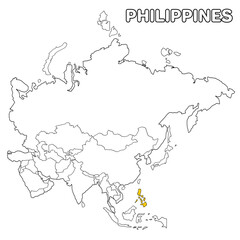 Fototapeta premium Philippines country highlighted in yellow on Asia continent map detailed vector illustration, for projects and presentation 