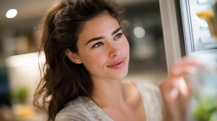 A shopper placing “buy less, choose well” reminders on their fridge and wardrobe, practicing mindful consumption at home — intentional living, anti-overconsumption habits, and value-driven